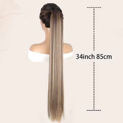 34 Inch Straight Ponytail Extension Ribbon Wrap – Long Sleek High Temperature Fiber Hairpiece for Women | Instant Wrap On Ponytail | Daily Wear Party Wedding | Brown Linen Champagne Olive Mixed