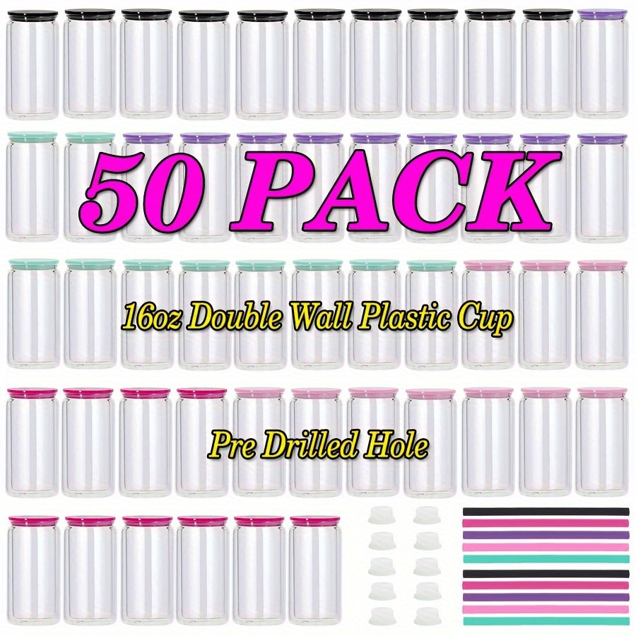 Snow Globe Tumbler Drinkware Bulk Set, 16oz Double-Wall Plastic Cups with Lids, Straws and Pre-Drilled Holes