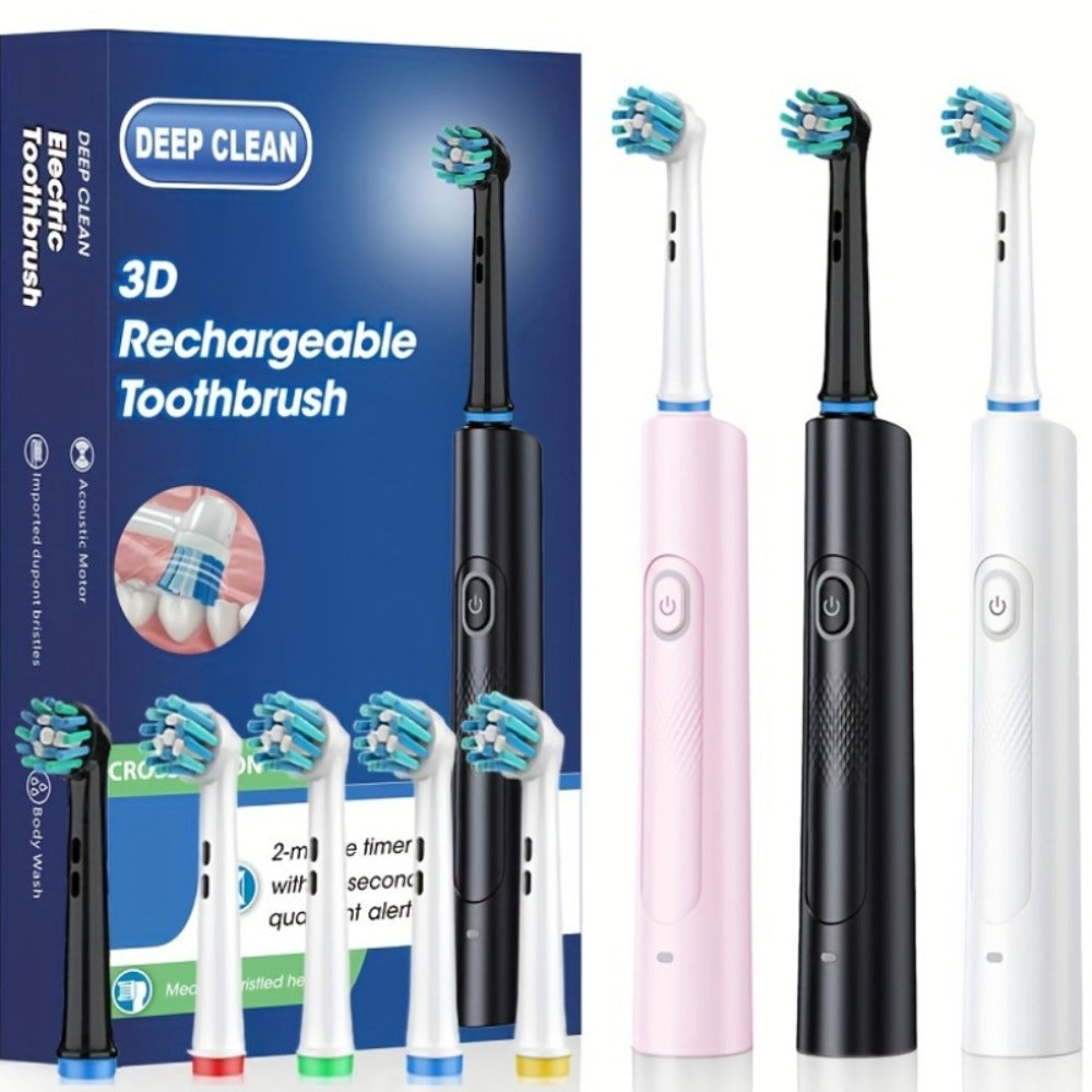Electric Toothbrush with Round Brush Heads, IP67 Rating, Smart Timer and Six Color and Head-Count Bundles