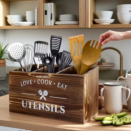 Wooden Cutlery Storage Box with Grid Compartments Chopstick Organizer Rack with Metal for Home Cooking, Dining and Outdoor Meals