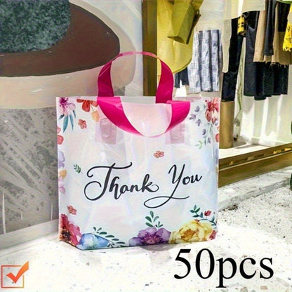 Fifty-Piece Floral Thank You Gift Bag Set with Soft Loop Handles and Printed Front and Back Panels