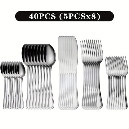 Stainless Steel Flatware Cutlery Set – Mirror Polished, Dishwasher Safe, Silver & Black Options, Service for 4 / 8 / 12 – Kitchen Utensil Set for Home, Restaurant & Wedding Gift