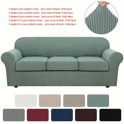 Sofa Cover Grid Jacquard Elastic Full-Cover Slipcover with Anti-Slip Fit for 1 to 3 Seats and XL Sofas