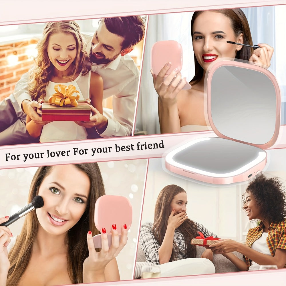Makeup Mirror Foldable Dual-Sided Compact with Three Light Colors, Touch Brightness, USB-C Charging and Pink or White Finish
