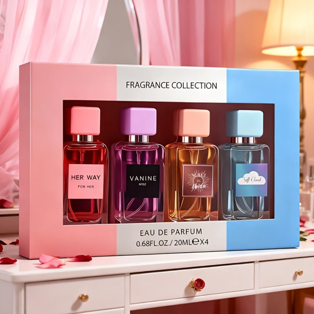 Perfume Gift Set for Women with Four 20ml Eau de Parfum Sprays, Floral Labels and Pink Display Box