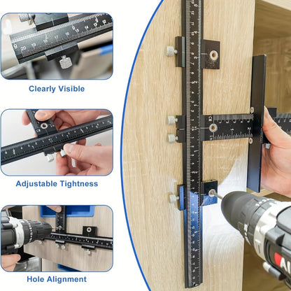 Adjustable Cabinet Hardware Drilling Jig with Aluminum Guide, Metric Scale and Handle-Pull Template Parts