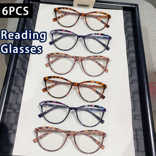 Reading Glasses – Six-Pair Floral Cat-Eye Blue-Light Reader Set with Spring Hinges in Seven Strengths