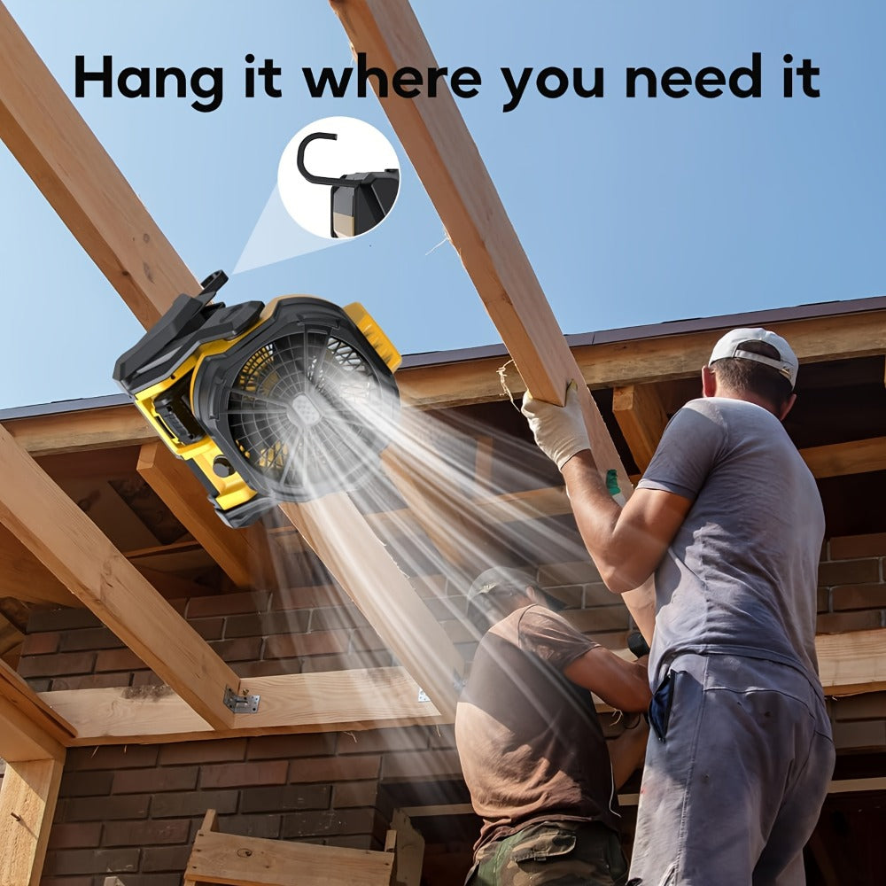 Cordless Jobsite Fan Compatible with DeWalt 20V Max Battery, LED Light Auto Oscillating 180° Tilt Adjustable Speed, Portable Battery Powered Fan with Hanging Hook for Camping, Garage and RV