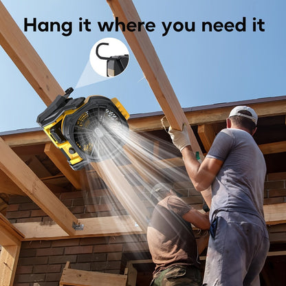 Cordless Jobsite Fan Compatible with DeWalt 20V Max Battery, LED Light Auto Oscillating 180° Tilt Adjustable Speed, Portable Battery Powered Fan with Hanging Hook for Camping, Garage and RV