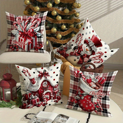 Four-Piece Christmas Pillow Cover Set, 18 x 18 Inches with Snowman, Candy Cane, Sleigh and Plaid Prints