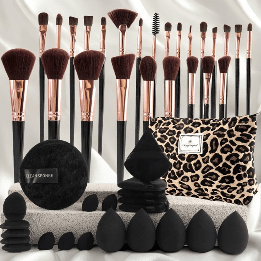 Makeup Brush Set, 23-, 44- or 47-Piece Nylon Bristle Kit with Blending Sponges and Leopard, Beige or Black Bag
