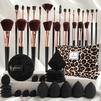 Makeup Brush Set, 23-, 44- or 47-Piece Nylon Bristle Kit with Blending Sponges and Leopard, Beige or Black Bag