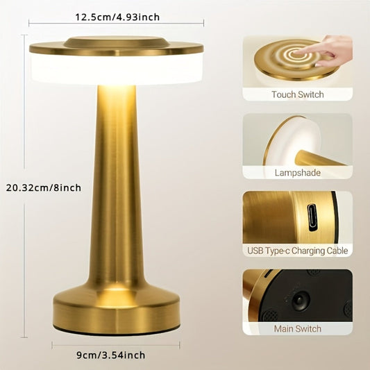 Table Lamp with Gold Metal Body, Rechargeable Battery, Touch Dimming and Three Color Temperatures