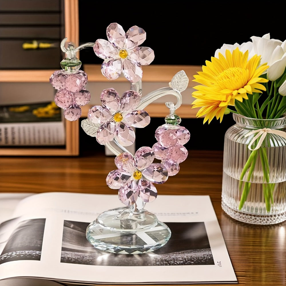 Pink Crystal Tree Statue Ornament - Romantic Crystal Flower Sculpture with Rotatable Base, Elegant Home Decor Gift for Valentine's Day