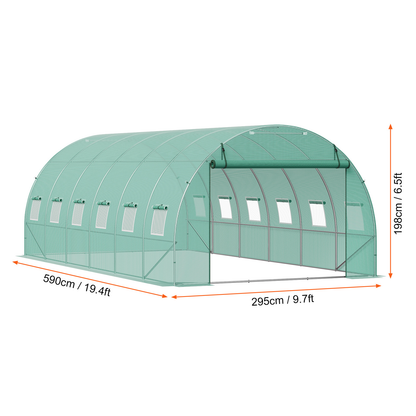10- to 20-Foot Tunnel Greenhouse with Green Cover, Roll-Up Door and Size-Specific Vent Windows