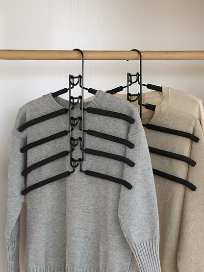 Five-Tier Cascading Clothes Hanger Organizers with Padded Arms in a Two-Piece Black Set for Closets