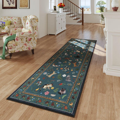 Area Rug, Vintage Blue Cat and Floral Low-Pile Carpet in Rectangle, Runner and Round Size Options