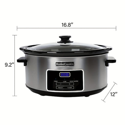 Slow Cooker 7.5 Quart Digital Programmable with Timer Ceramic Pot Stainless Steel Housing 3 Heat Settings Low High Keep Warm Large Capacity for Family Dinners Holiday Feasts Serves 10 Plus People