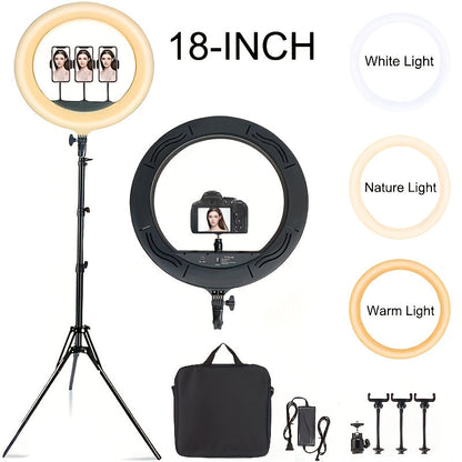 18 Inch LED Ring Light with Stand & Carry Bag – Phone Holder Included, Dimmable Studio Light for Smartphone Camera Photography, Live Streaming, Selfie, Makeup & Video Recording