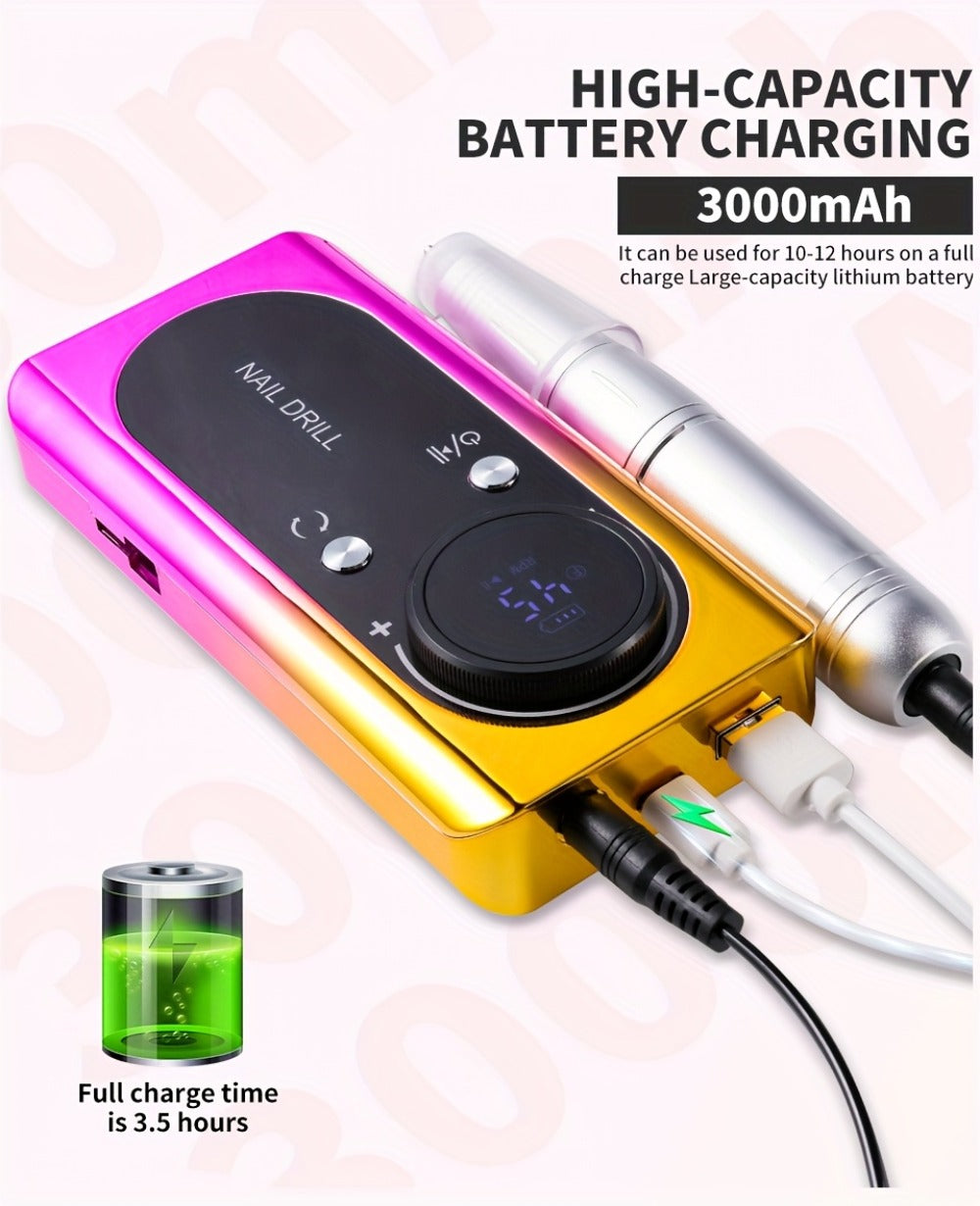 Electric Nail Drill Machine 45000RPM with LCD Display — Rechargeable Cordless E-File Professional High-Speed Nail Sander for Acrylic Gel Polish Natural Nails, Salon & Home Manicure Pedicure Tool