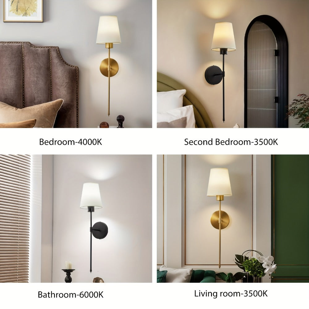 Rechargeable Two-Piece Wall Sconce Set with Fabric Shades, 15-Color RGB Bulbs and Remote in Gold or Black
