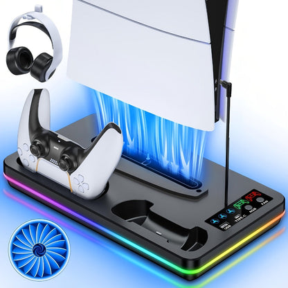 RGB Console Stand Compatible with PS5, Slim and Pro Models, Three-Speed Fan and Dual Controller Charging Dock