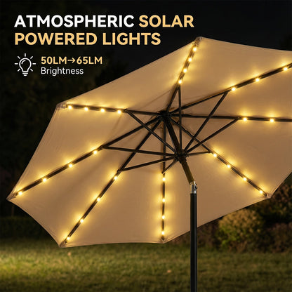 Patio Umbrella 9FT Solar LED Style with 32 Lights, Double Vent, Push Tilt, Crank and Eight Color Options