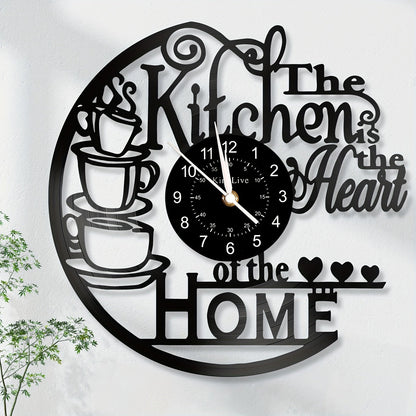 Coffee-Themed Vinyl Record Wall Clock with Cutout Lettering and Standard or LED Light Configuration