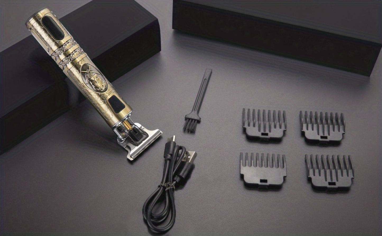 Hair Clippers & Trimmers Vintage Gold T-Blade Model with LCD Display, USB Charging and Three Etched Designs