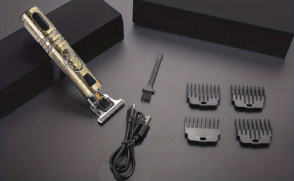 Hair Clippers & Trimmers Vintage Gold T-Blade Model with LCD Display, USB Charging and Three Etched Designs