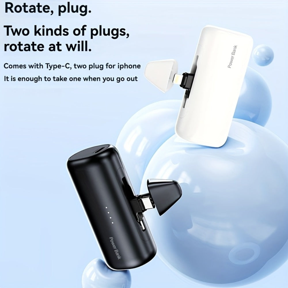 Power Bank 5000mAh Mini with Built-In 2-in-1 Lightning/USB-C Plug and 18.5W Listed Output in Black or Pink
