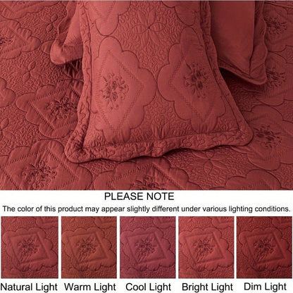 Quilt Set 3 Piece Floral Embroidery Bedspread - 100% Polyester Wrinkle Resistant Lightweight Quilted Coverlet with 2 Pillow Shams for Full Queen King Bed, Elegant Bedroom Decor in 19 Colors