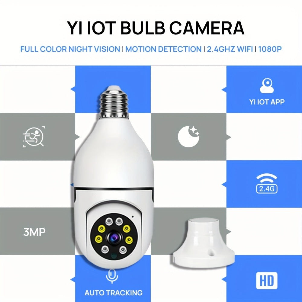 E27 Bulb Camera 360° Pan & Tilt 3MP 1080P, Full-Color Night Vision, Two-Way Audio, Motion Detection, WiFi App Control, Cloud & TF Card Storage – Indoor Home Security Light Bulb Camera
