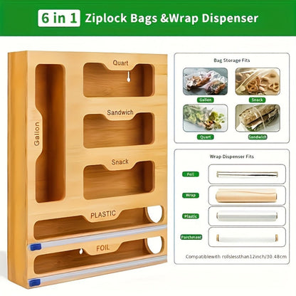 Bamboo Ziplock Bag Organizer Box for Kitchen Drawer - Adjustable Dividers, Compatible with Gallon Quart Sandwich Snack Bags