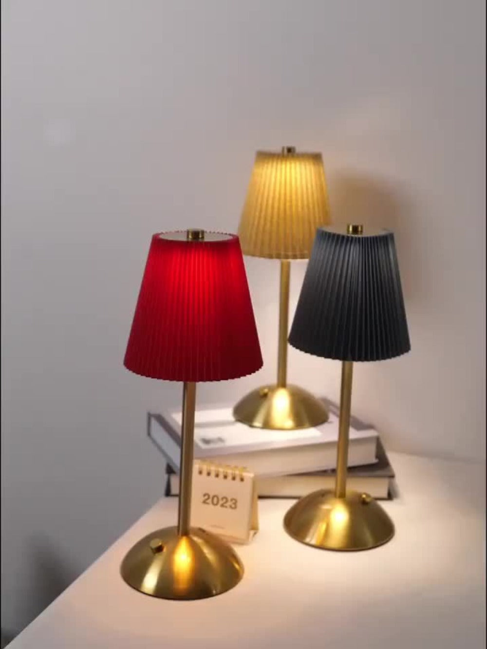 Pleated-Shade Rechargeable Table Lamp with Touch Control in Four Styles and One- or Two-Piece Options