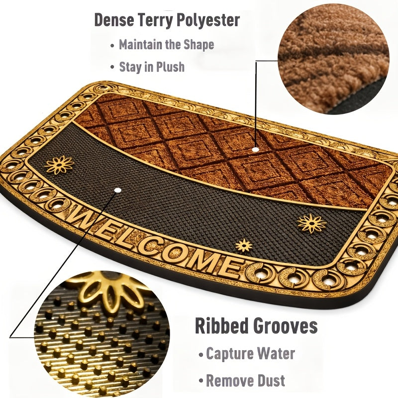 Textured Welcome Door Mat with Bordered Brown-and-Black Geometric Design in A001 or A002 Styles