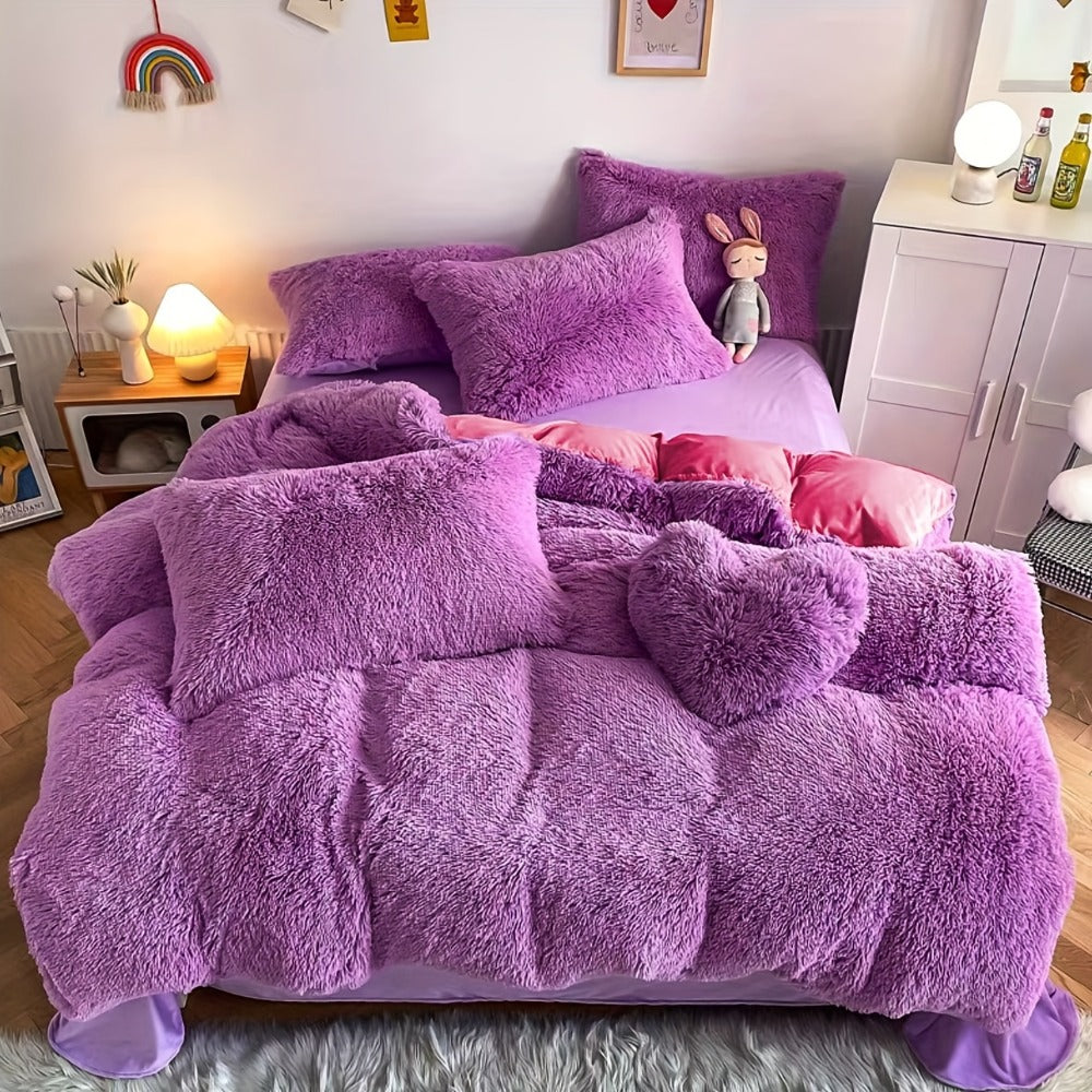 Plush Faux Fur Duvet Cover Set with Heart Pillow, Corner Ties and Twin, Queen or King Sizes in Eight Colors