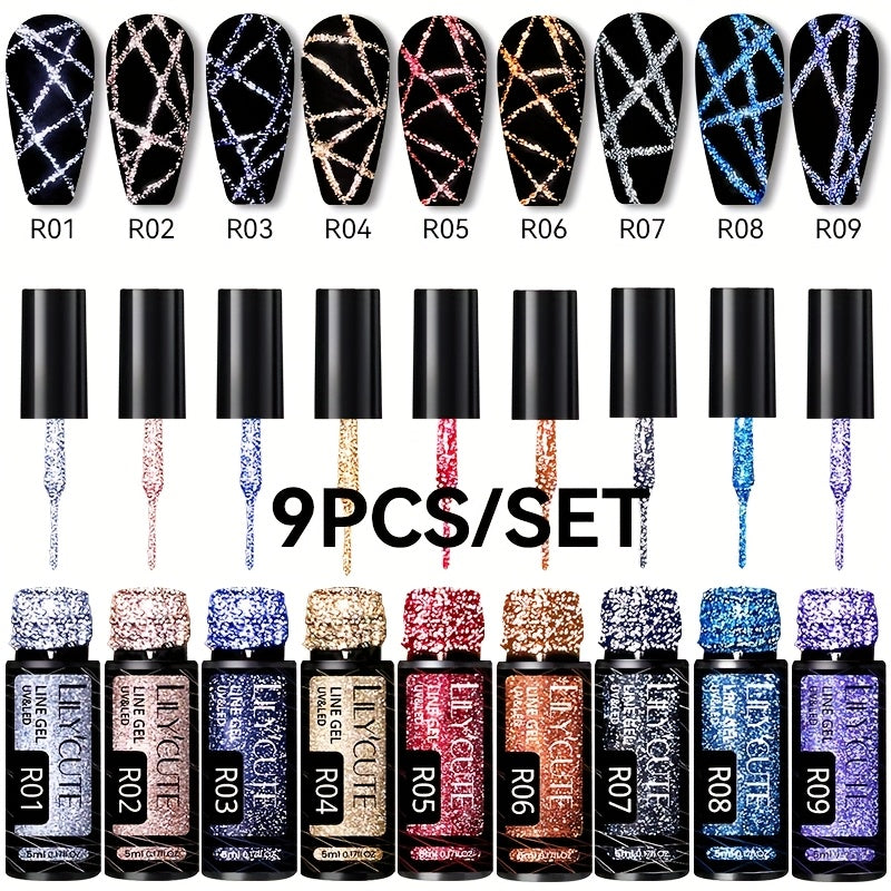 Gel Nail Polish Nine-Piece Reflective Glitter Line Set, 5ml Each for Stripes and Graffiti Nail Art