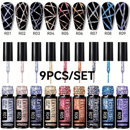 Gel Nail Polish Nine-Piece Reflective Glitter Line Set, 5ml Each for Stripes and Graffiti Nail Art