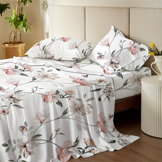 Bed Sheets Set 4pcs Deep Pocket Fitted Sheet & Pillow Cases | Soft Floral Bedding Twin Full Queen King – White Pink Green