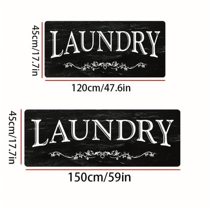 Black and White Laundry Room Mat with Bold LAUNDRY Text in 45 x 120 cm and 45 x 150 cm Size Options