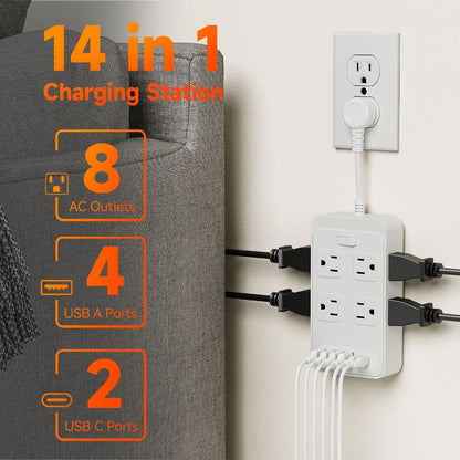 Power Strip Outlet Extender Surge Protector 8 AC Outlets 6 USB Charging Ports 4 USB-A 2 USB-C 3 Inch Short Cord Desk Charging Station for Home Dorm Office Travel White Black