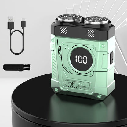 Compact Mecha-Green Dual-Rotary Electric Shaver with Front Battery Display and USB Cable Pictured