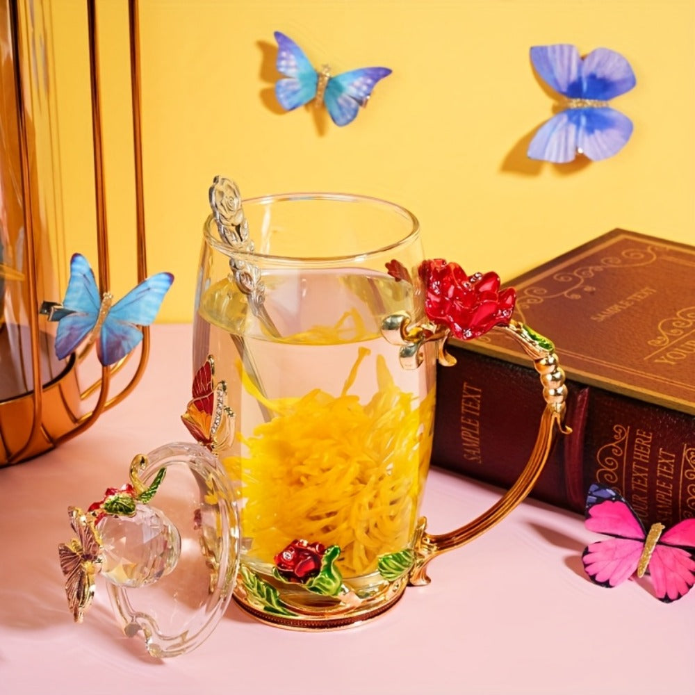 Four-Piece Floral Glass Tea Mug Set with Butterfly Lids, Rose Handles, Spoons and 12-Ounce Option