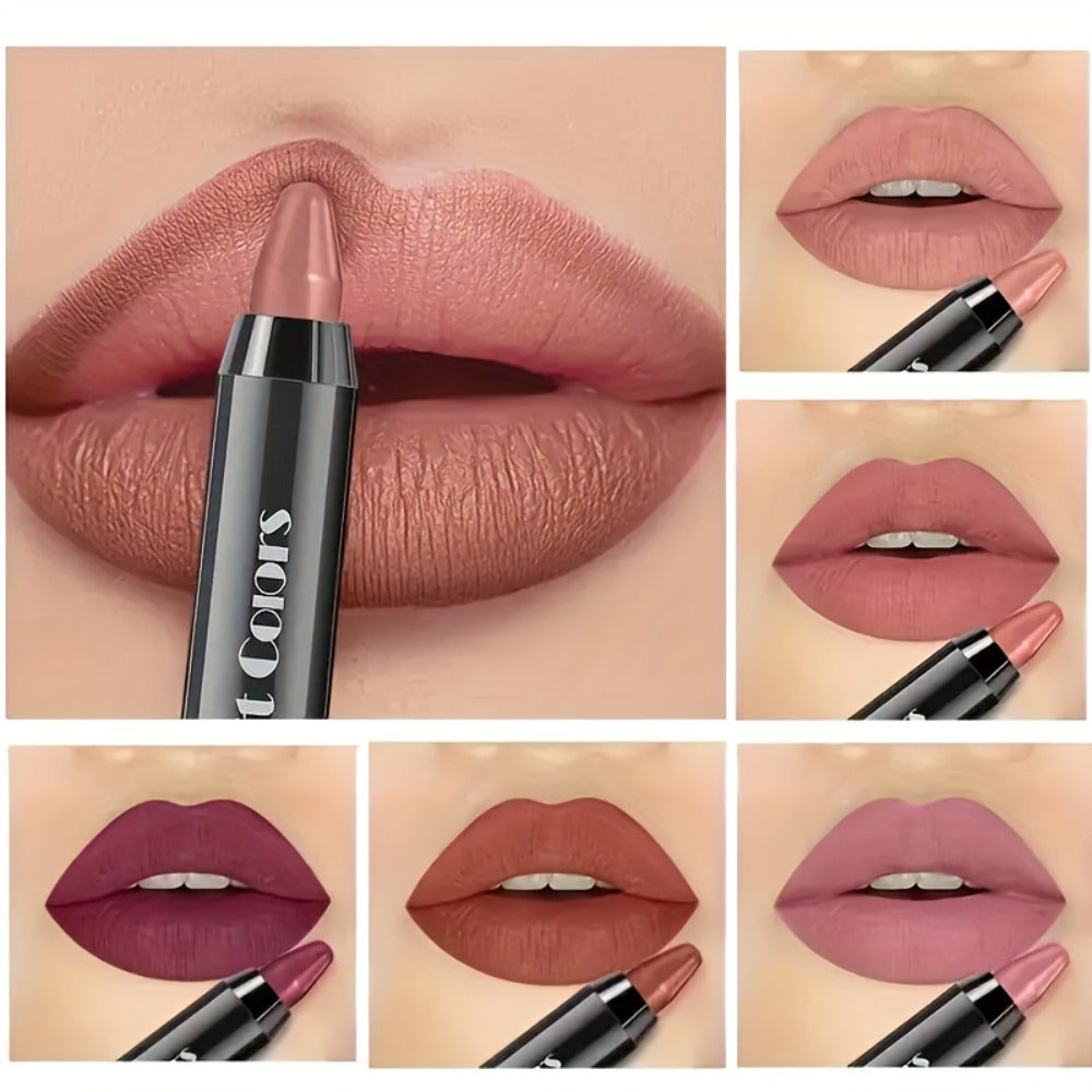 Lipstick Set, Fit Colors 6-Piece Velvet Matte Crayon Collection with Nude, Mauve and Berry Shades
