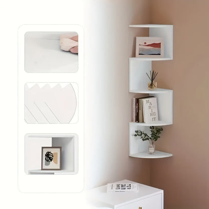 5-Tier Wall-Mounted Corner Shelf – Space-Saving Floating Storage Organizer in White Acrylic for Bathroom, Living Room, Bedroom, Kitchen & Office, Decorative Corner Rack & Versatile Room Organizer