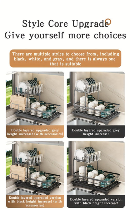 Two-Tier Dish Drying Rack, Metal Countertop Organizer with Cutlery Holder, Cup Holder and Drip Tray