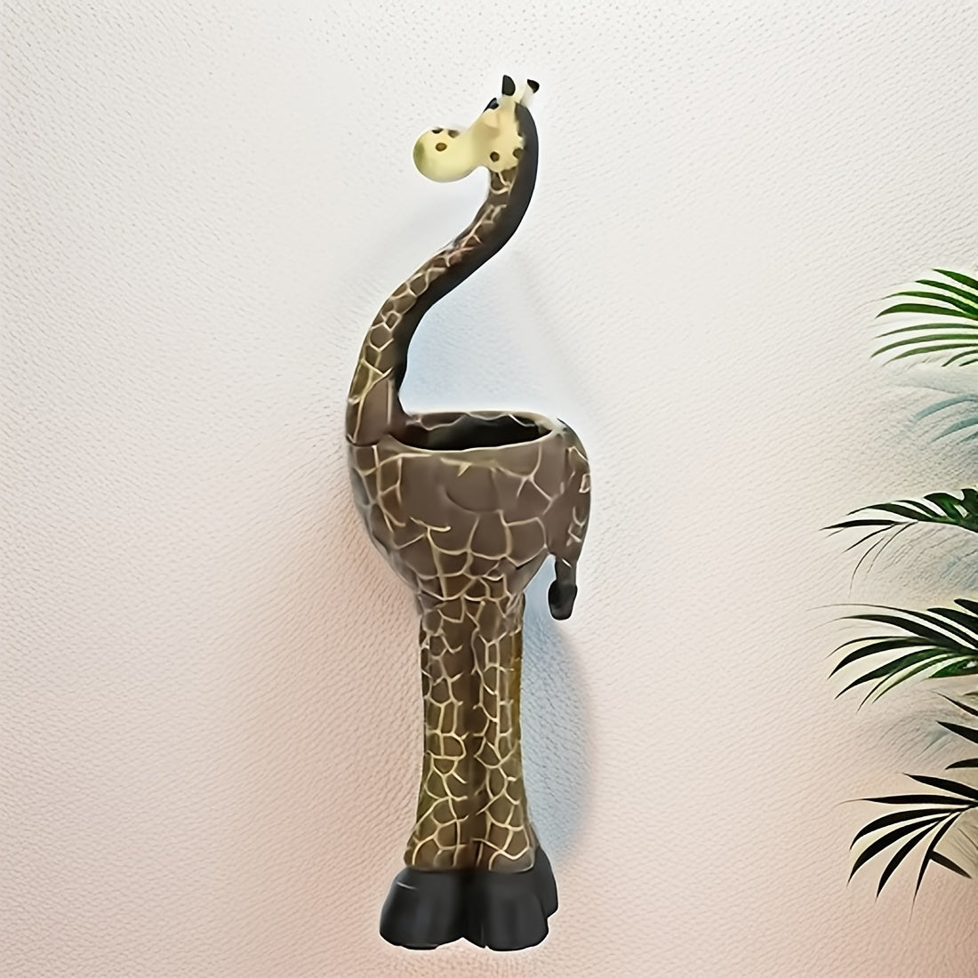 Giraffe-Shaped Decorative Planter with Pictured Long-Neck Body, Open Back Pot and Dark Base