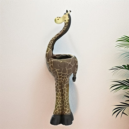 Giraffe-Shaped Decorative Planter with Pictured Long-Neck Body, Open Back Pot and Dark Base