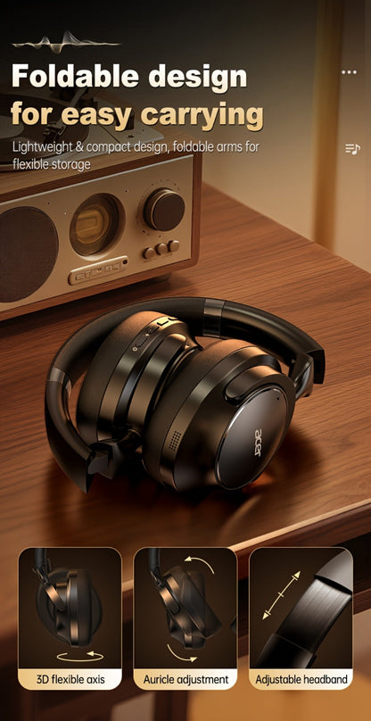 Acer OHR560 ANC Over-Ear Wireless Headphones, Full-Coverage Foldable Design HiFi Stereo HD ENC Call Noise Reduction Built-in Mic, 3.5mm Audio Cable Compatible for Work Travel Gaming Study